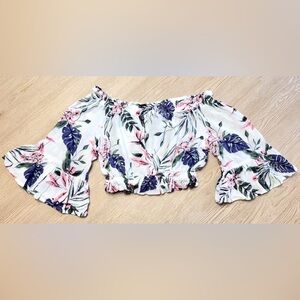 H&M Divided Floral Off Shoulder Smocked Crop Top Boho Bell Sleeve Size 4